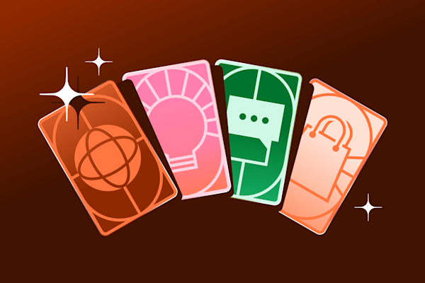 Four colorful, stylized cards with icons representing a globe, light bulb, chat message, and shopping bag, arranged in a fan layout with sparkles around them on a dark brown background.