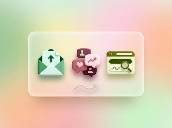 3D icons representing email marketing, social media engagement, and SEO
