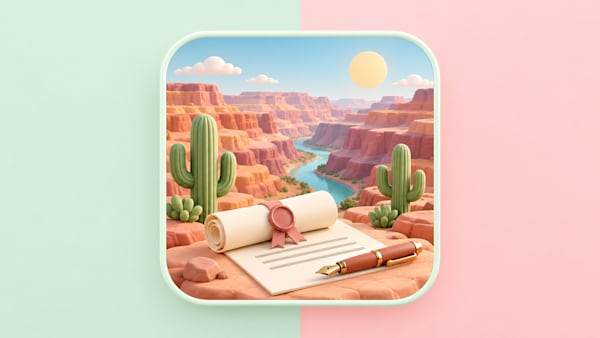 Pastel 3D illustration of the Grand Canyon with saguaro cacti and sealed LLC formation documents for starting an LLC in Arizona