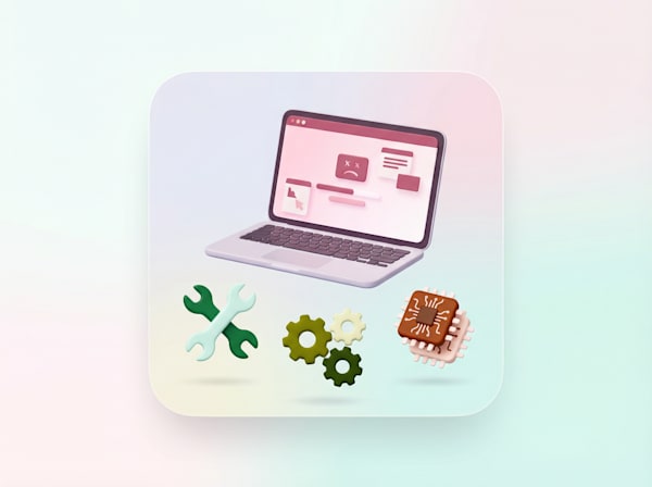 3D illustration of a laptop with system error screen, tools, gears, and a processor chip