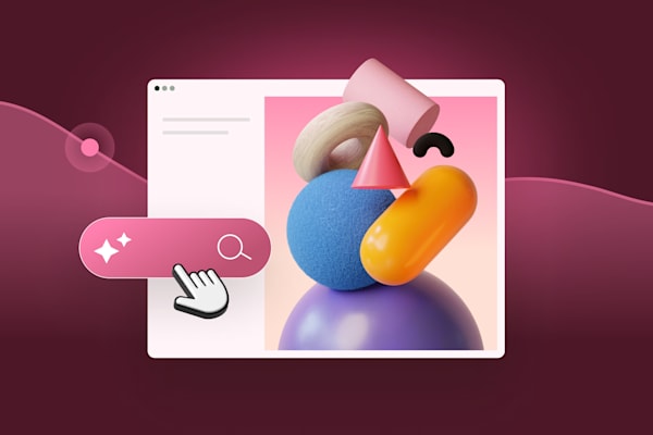 Abstract 3D shapes in a web browser window with a search button and cursor on a pink gradient background.