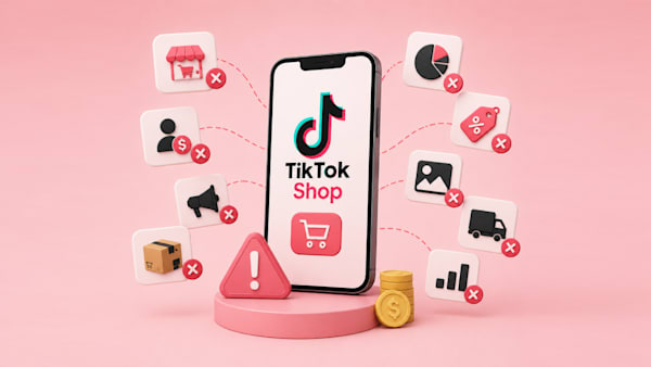 "3D illustration of TikTok Shop on a smartphone surrounded by warning icons representing common mistakes in ecommerce, marketing, pricing, and fulfillment.
