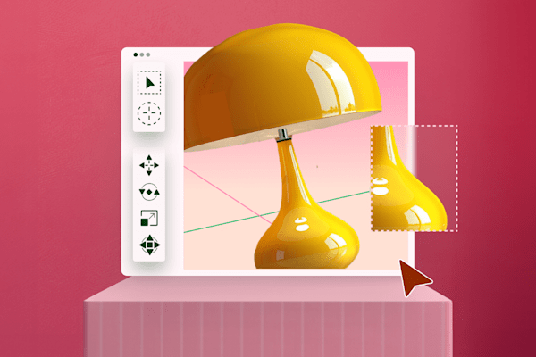 3D modeling interface displaying a yellow lamp design with selection and transformation tools on a pink background