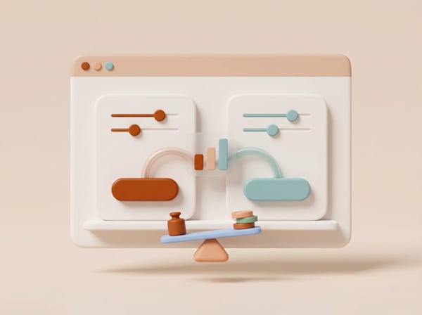 3D illustration of two dashboard panels connected by a data bridge above a balance scale