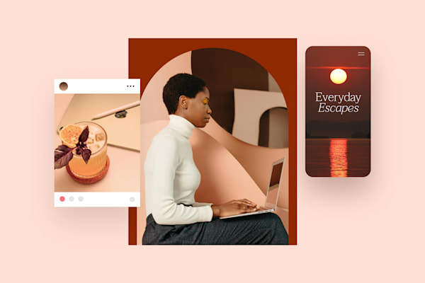 How to make money blogging? A woman working on a laptop, a drink, and a sunset on a phone screen, blending work and relaxation