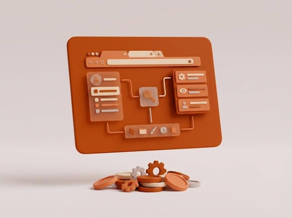 3D dashboard with connected UI panels, a central key icon, and coins with gears below