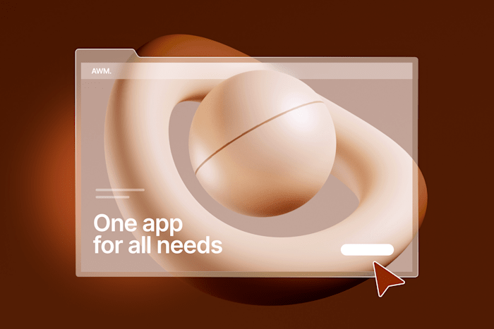 Abstract 3D design with a sphere and loop, overlaid with a web interface displaying the text 'One app for all needs'.