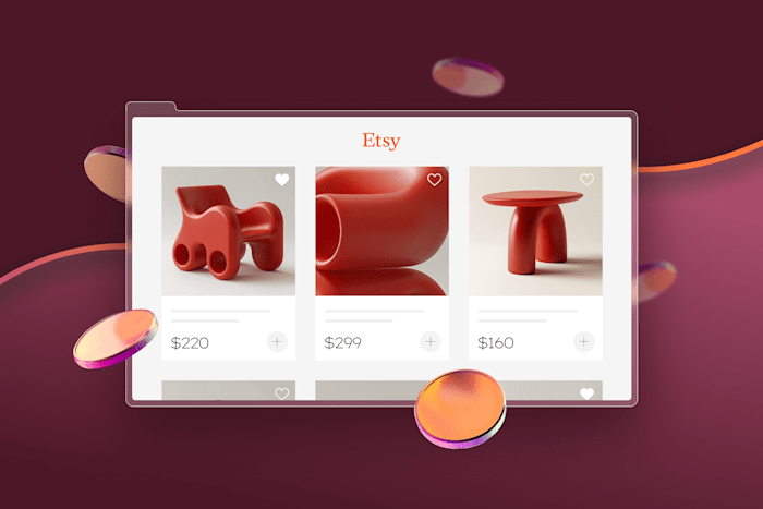 Illustrated Etsy storefront featuring red sculptural furniture pieces.