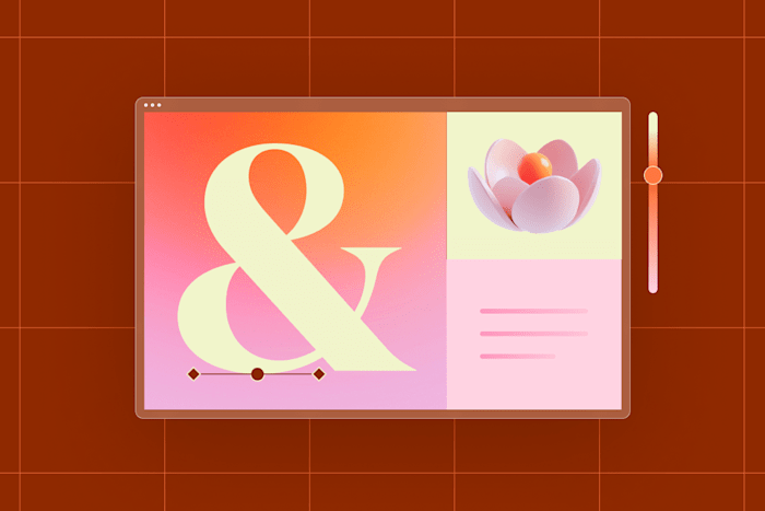 A sleek interface with a large ampersand, a 3D flower, and a text section, featuring a side slider