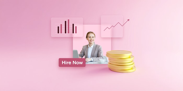 Business woman with bar and line graphs, gold coins, and Hire Now button on a pink background