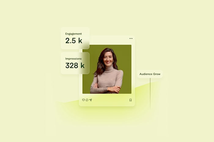 Social media profile with engagement of 2.5k, impressions of 328k, and 'Audience Growth' indicator