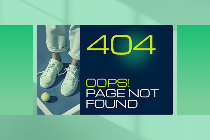 a stylish 404 error page with "Oops! Page Not Found" text, featuring a person wearing sneakers on a tennis court with a tennis ball nearby, set against a modern green and blue design