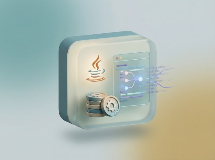 3D illustration of a Java application module with database storage, configuration settings, and data processing flow