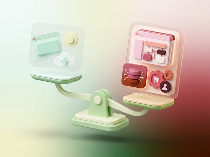 3D illustration of a balance scale comparing a cloud platform and an application dashboard