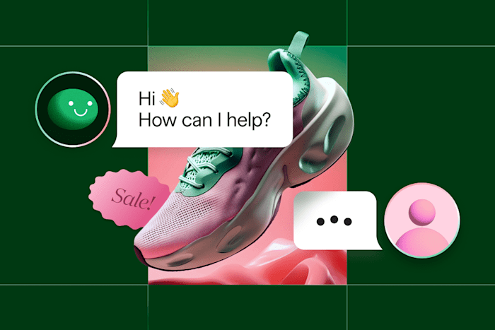 Stylized image of a pink and green sneaker with floating chat bubbles, a 'Sale' tag, and a smiling green support icon on a green background