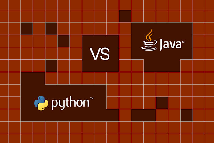 Python vs Java comparison graphic on a red grid background