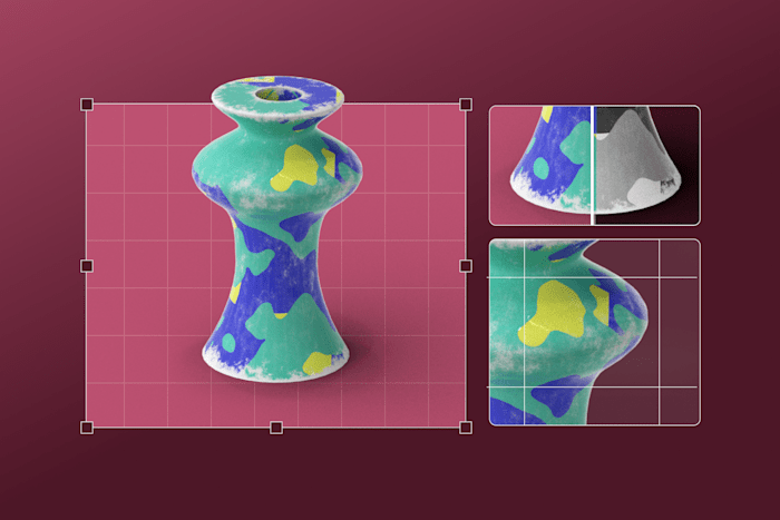 Colorful abstract vase with editing grids and zoomed-in details on a maroon background.