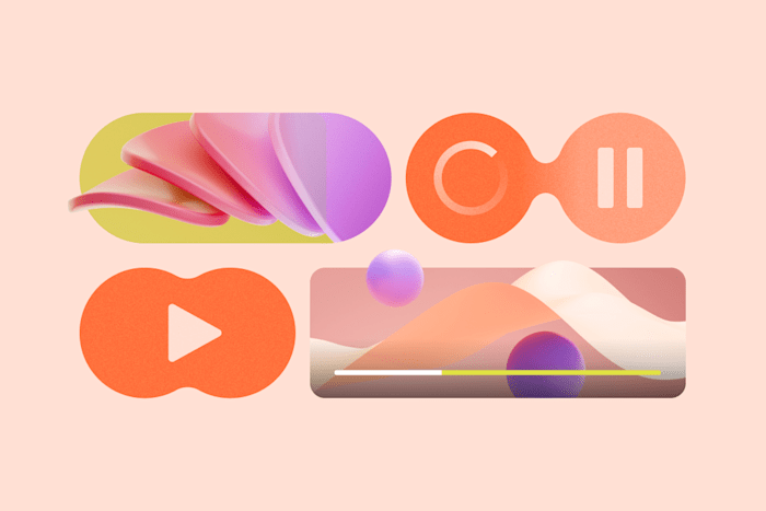 Abstract multimedia controls illustration featuring play, pause, and progress bar icons with vibrant 3D shapes and gradients