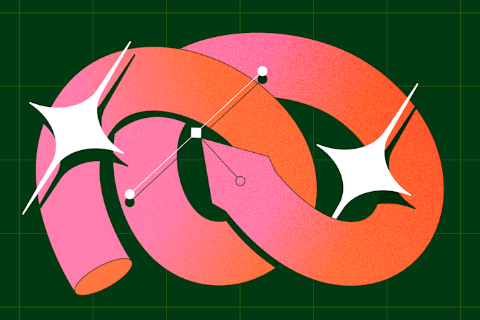 an abstract pink and orange graphic pen loop with sparkles on a dark green grid background, representing creative design principles.