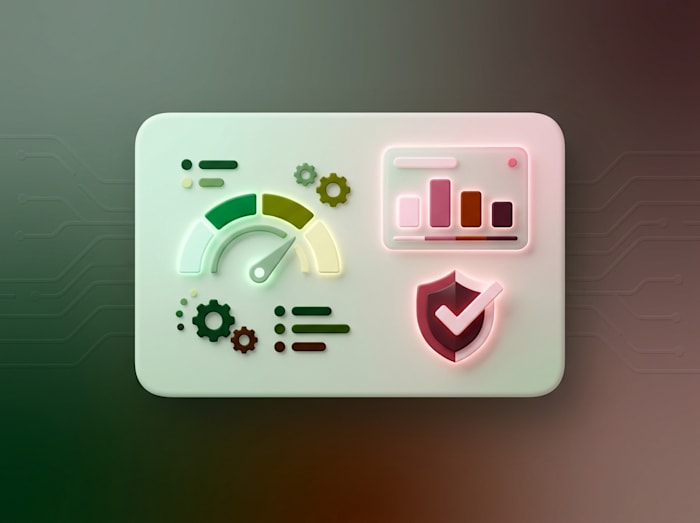 3D dashboard card with a speedometer, gears, bar chart, and security shield icons