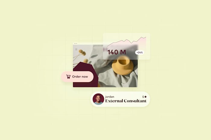 Product page with ‘Order Now’ button, sales growth graph, and consultant profile, on a light beige grid background