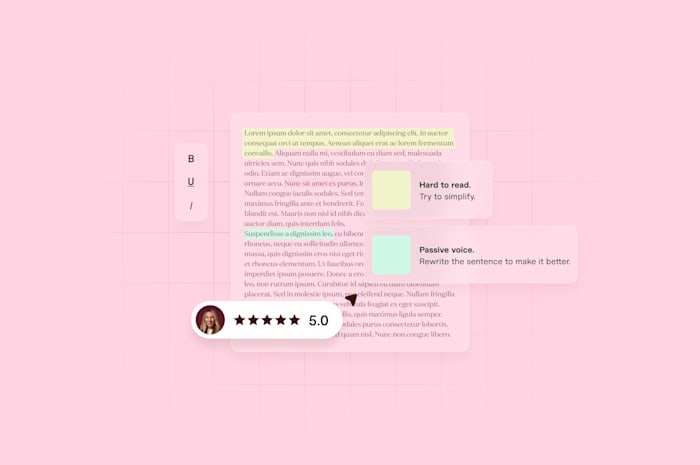Text editor interface with feedback tags for readability and passive voice on a soft pink background