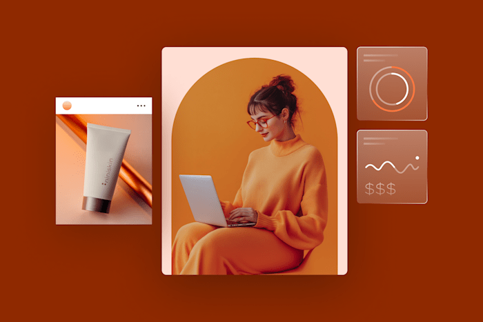 woman in an orange outfit using a laptop, surrounded by skincare product images and analytics icons