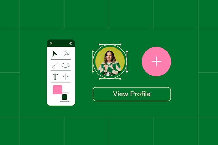 Profile editing interface with user photo, design tools, and 'View Profile' button on green background