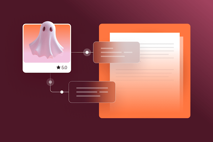 illustration of a ghost icon connected to a document on a dark background