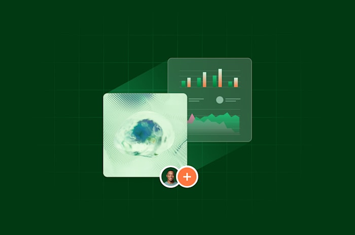 Futuristic data visualization with a biological element and analytical charts on a dark green grid.
