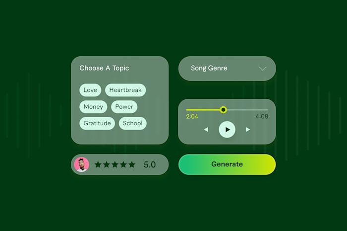 Music generation interface with topic selection, song genre options, a playback bar, and a 'Generate' button on a dark green background