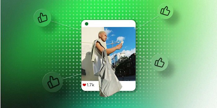 Instagram-style post of a micro-influencer outdoors with likes symbolized as green thumbs-up icons radiating outward