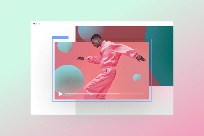 Stylish man in pink outfit posing in a digital video player interface with abstract 3D elements.