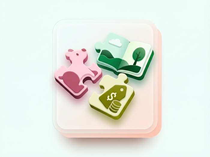3D puzzle pieces featuring a cow icon, an illustrated open book, and a price tag with coins