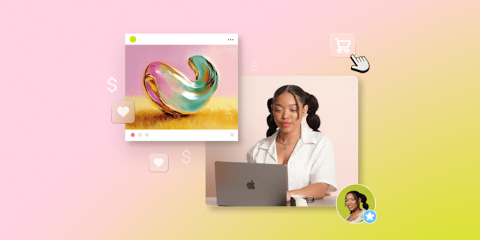 A woman using a laptop, with an abstract art piece and shopping icons in the background