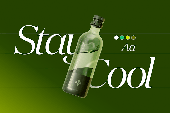 Green bottle mockup with “Stay Cool” text on dark green background, with color swatches and font samples