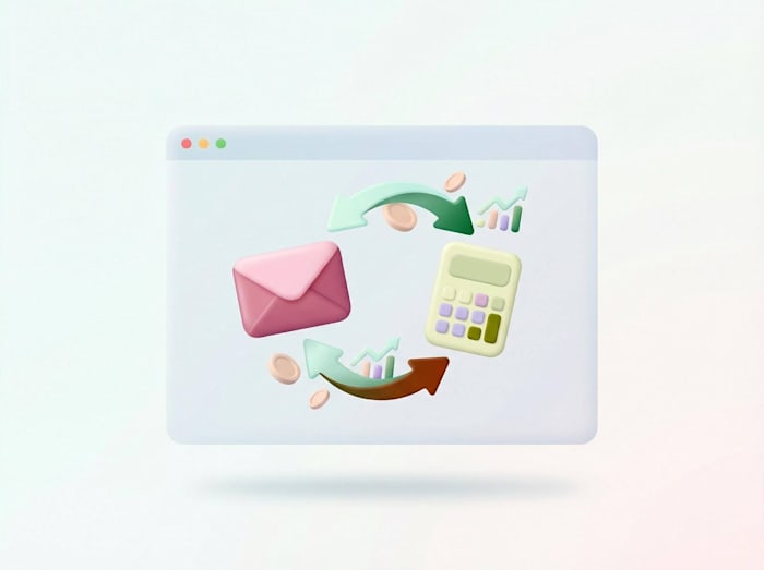3D illustration of an email and calculator connected by circular arrows and coins