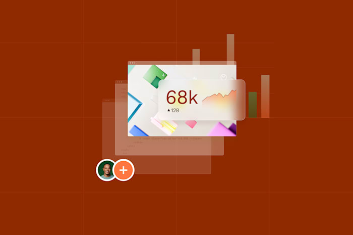 Analytics dashboard showing 68k data metric with upward trend, on a layered interface and orange background