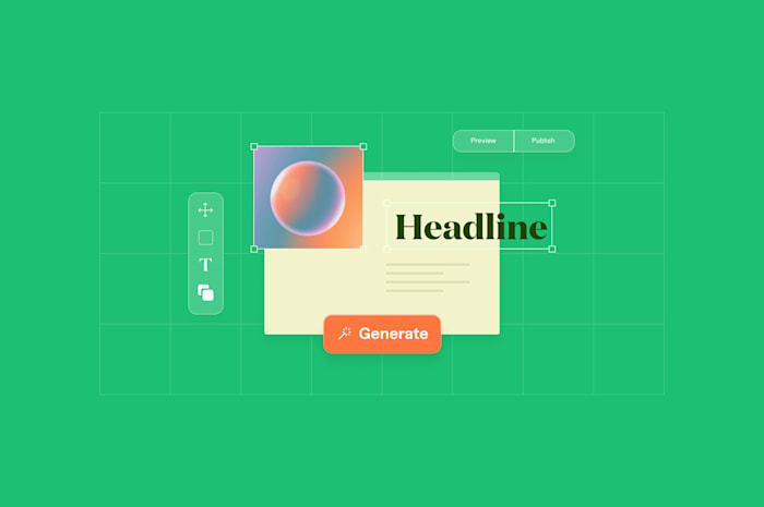 Design interface with an image, headline text, and "Generate" button on a green background