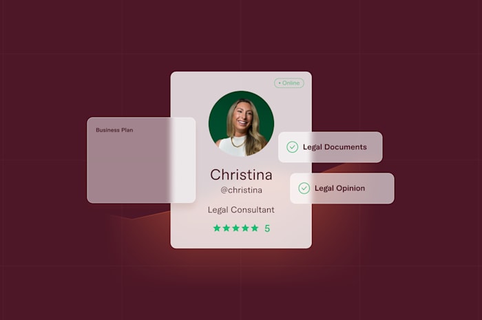 Profile card of a legal consultant named Christina with a 5-star rating, showing available services including legal documents and legal opinion