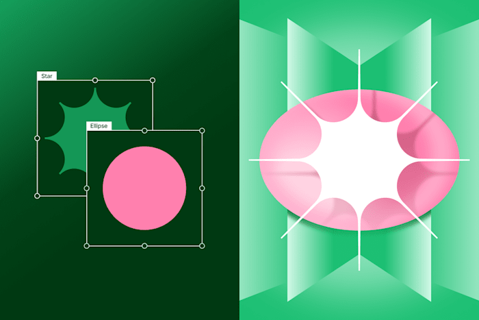 A graphic of geometric shapes, including a pink ellipse and a star, on a green background