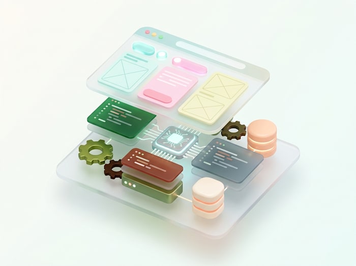3D exploded stack with a wireframe UI, code cards, CPU chip, gears, and databases
