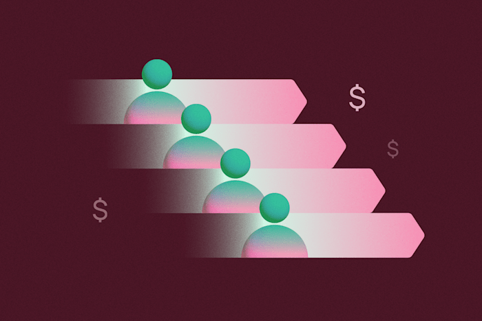 Lead generation: User icons on pink arrows with dollar signs on a dark red background
