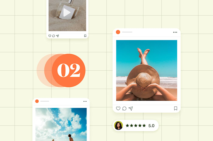 Social media posts showing beach scenes and perfume bottle, with a '02' overlay and a user rating displayed on a grid background