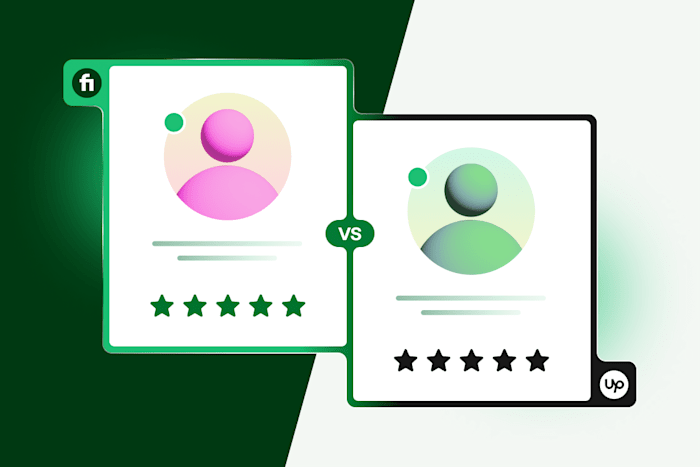 Comparison of two profile cards with Fiverr Vs Upwork and star ratings, set on a split green and white background