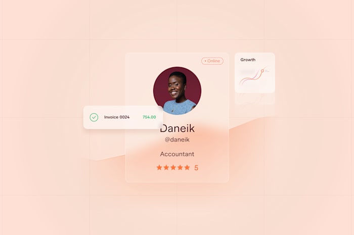 Profile of accountant Daneik with a five-star rating, invoice notification, and growth chart