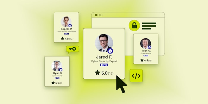 Cyber security profiles with five star rating on a white green background