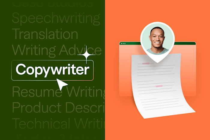 Beccome a "Copywriter" highlighted with a cursor on the left profile image and document on an orange background on the right.