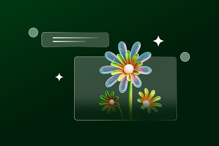 Illustration of colorful glossy flowers on a dark green background with soft interface elements