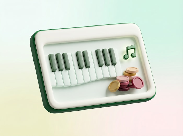 3D illustration of piano keys, musical notes, and stacked coins
